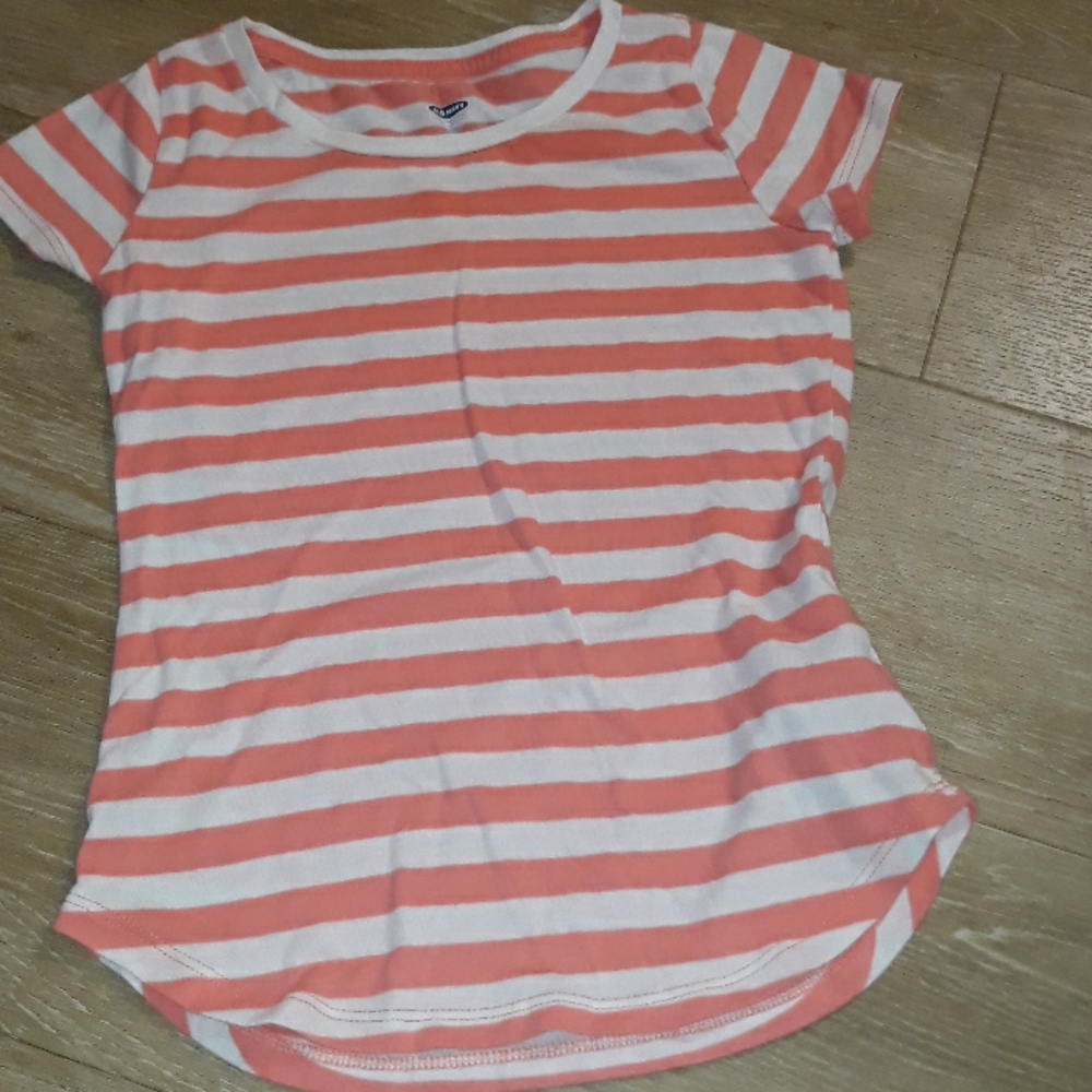 Old Navy Girls Striped Tee Shirt | Size S (6–7) | Coral & White | Casual Basic